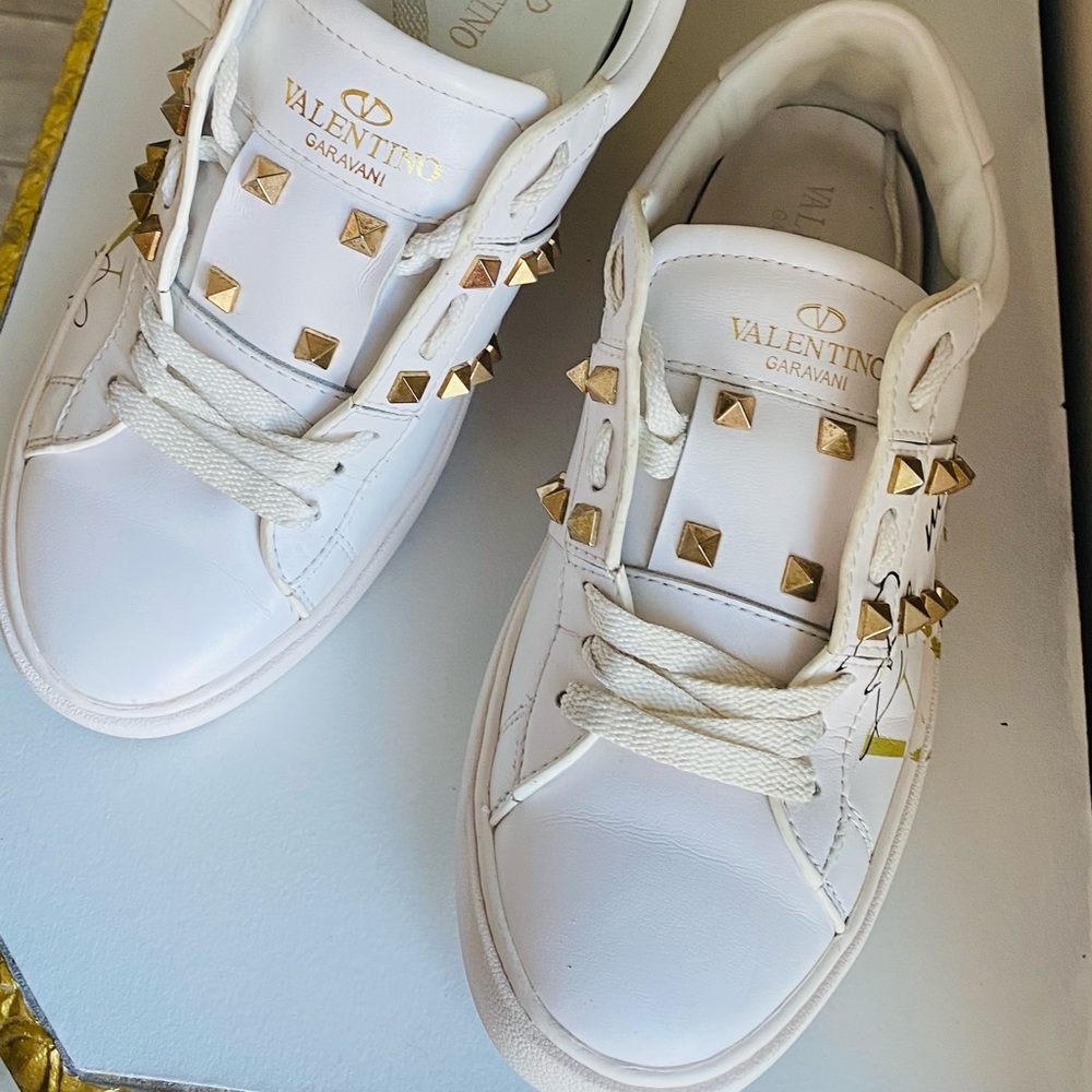 Valentino Garavani White and Gold Luxe Sneakers